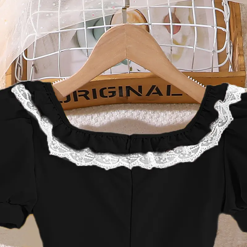 Children's Dress Solid Color Square-Neck Short-Sleeved Princess Dress Brief Elegant Style Loose Comfortable Stylish Girl Clothes