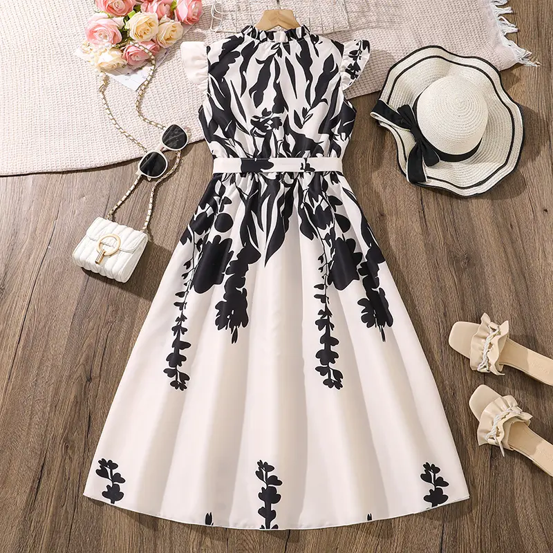 Elegant Style Girls Printed Sleeveless Maxi Dress Summer Wing-Sleeve Belted Vintage Dress Daily Casual Family Gathering Party Cl