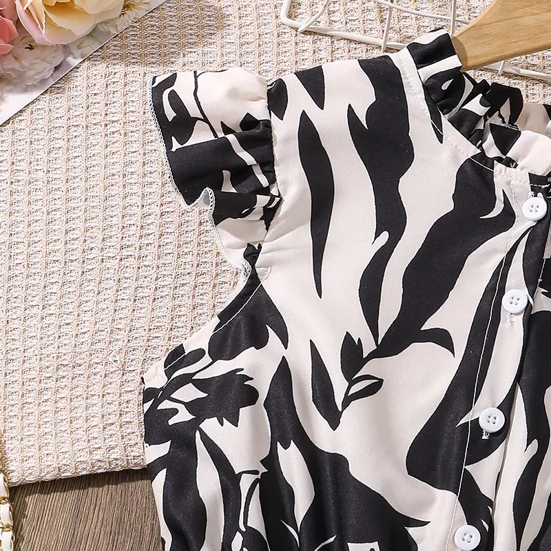 Elegant Style Girls Printed Sleeveless Maxi Dress Summer Wing-Sleeve Belted Vintage Dress Daily Casual Family Gathering Party Cl