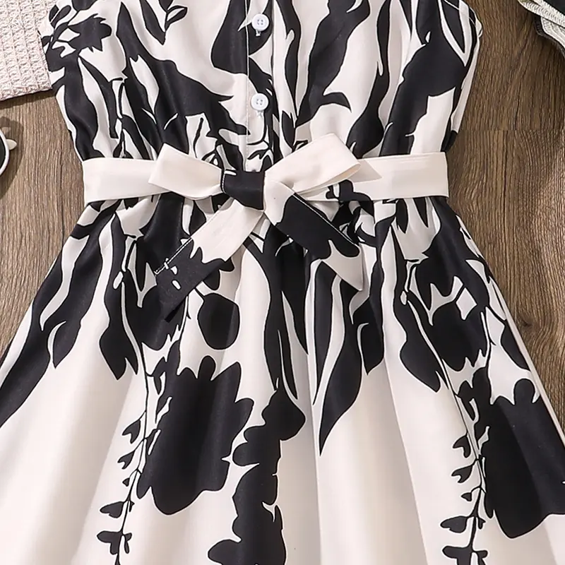 Elegant Style Girls Printed Sleeveless Maxi Dress Summer Wing-Sleeve Belted Vintage Dress Daily Casual Family Gathering Party Cl