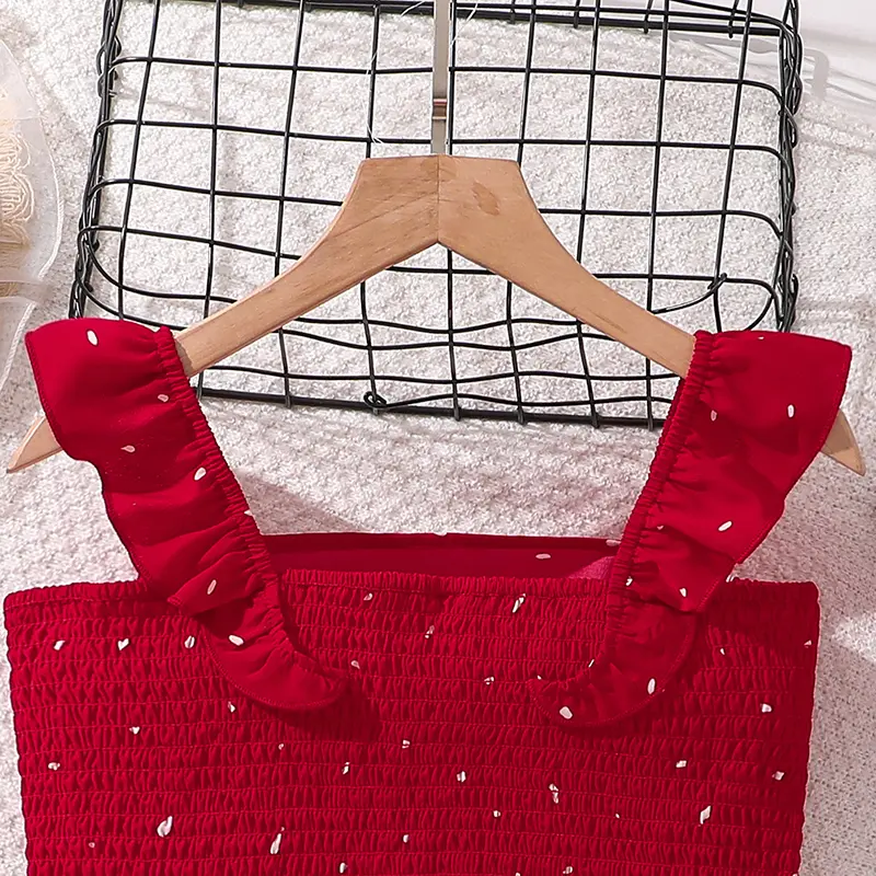 Kids Clothing Sets Adorable Red Polka Dot Outfit Summer Square Crop-top & Eleastic-Waist Skirt Stylish Tween Girls Sets