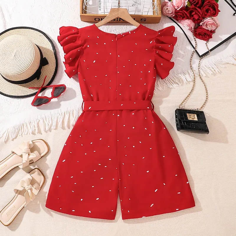 Kids Jumpsuits For Girls Polka Dotted Flutter-Sleeve Summer Clothes 8-12 Years Tween Girls Casual Clothes