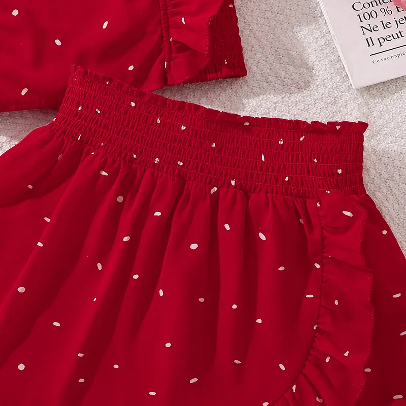 Kids Clothing Sets Adorable Red Polka Dot Outfit Summer Square Crop-top & Eleastic-Waist Skirt Stylish Tween Girls Sets
