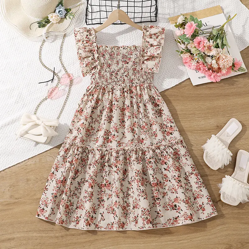 8-12 Girls' DressesSummer Everyday Casual Chic Sweet Cute Square Neck Flutter Floral Long Dress