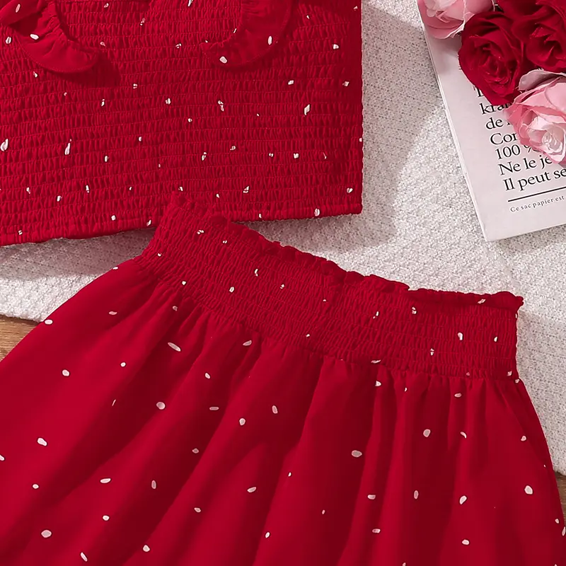 Kids Clothing Sets Adorable Red Polka Dot Outfit Summer Square Crop-top & Eleastic-Waist Skirt Stylish Tween Girls Sets