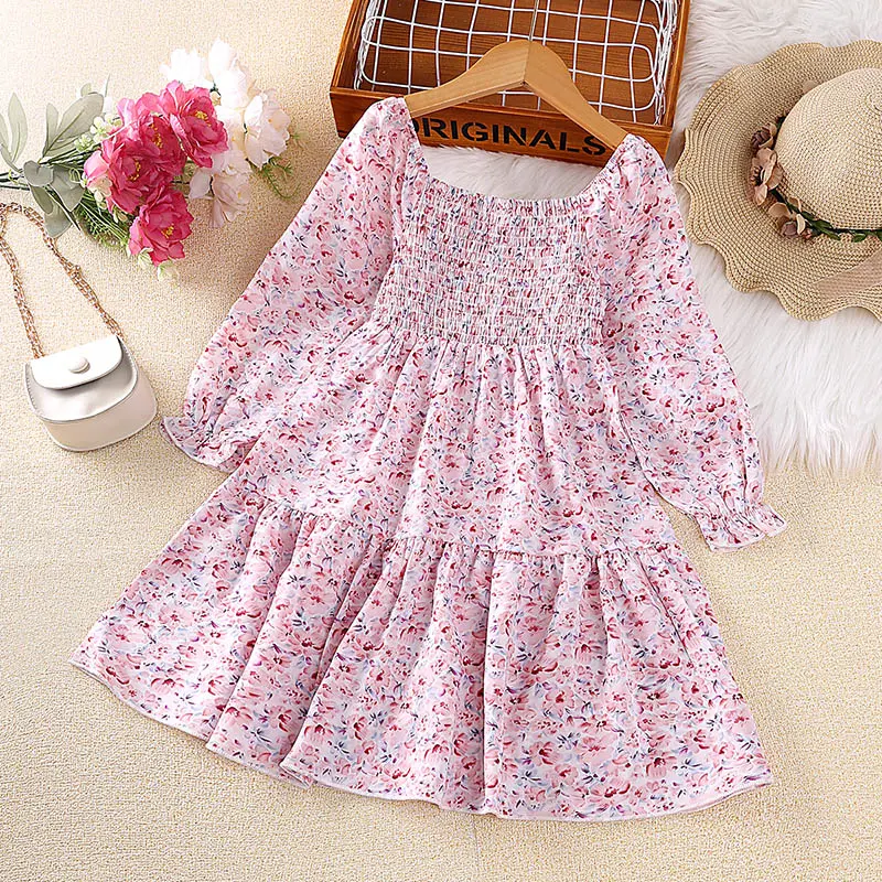 Kids Dresses For Girl Sweet Print 4-7 Years Long Sleeved Pink Floral Pastoral Style Princess Baby Girl Dress Vacation Holiday