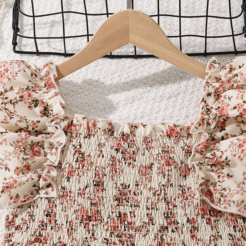 8-12 Girls' DressesSummer Everyday Casual Chic Sweet Cute Square Neck Flutter Floral Long Dress