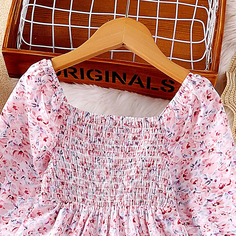 Kids Dresses For Girl Sweet Print 4-7 Years Long Sleeved Pink Floral Pastoral Style Princess Baby Girl Dress Vacation Holiday