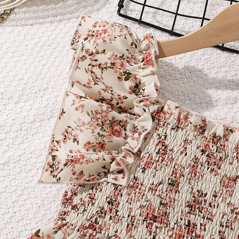 8-12 Girls' DressesSummer Everyday Casual Chic Sweet Cute Square Neck Flutter Floral Long Dress