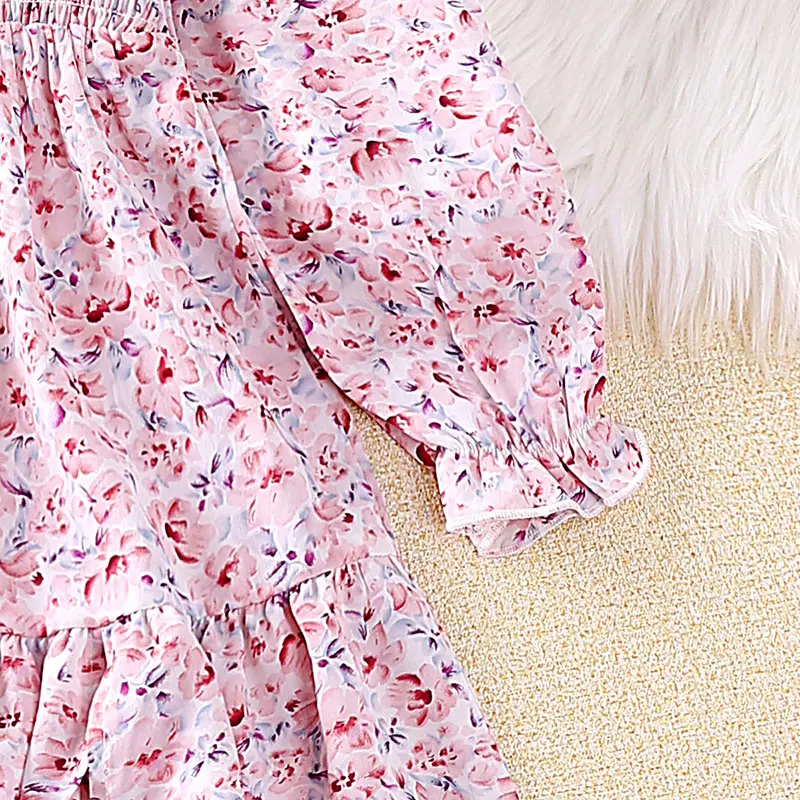 Kids Dresses For Girl Sweet Print 4-7 Years Long Sleeved Pink Floral Pastoral Style Princess Baby Girl Dress Vacation Holiday