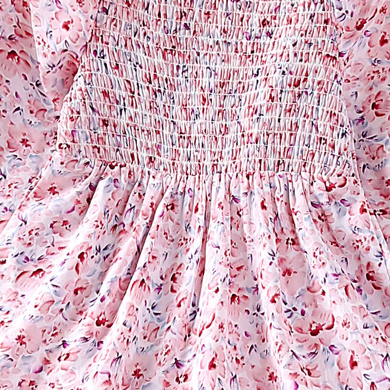 Kids Dresses For Girl Sweet Print 4-7 Years Long Sleeved Pink Floral Pastoral Style Princess Baby Girl Dress Vacation Holiday