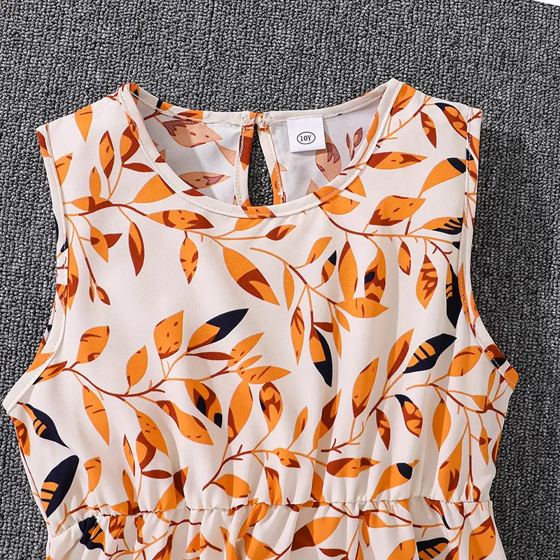 Children Casual Vacation Suits Orange Long-Sleeved Top & Printed Dress Stylish Girls Suits Vacation Holiday Clothes Kids Outfits