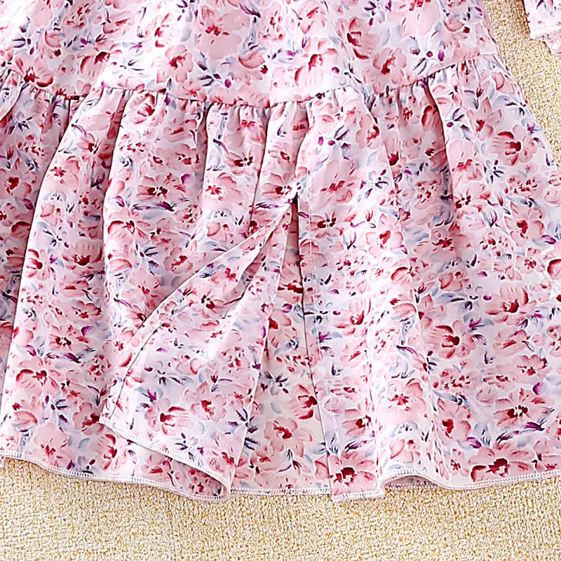 Kids Dresses For Girl Sweet Print 4-7 Years Long Sleeved Pink Floral Pastoral Style Princess Baby Girl Dress Vacation Holiday
