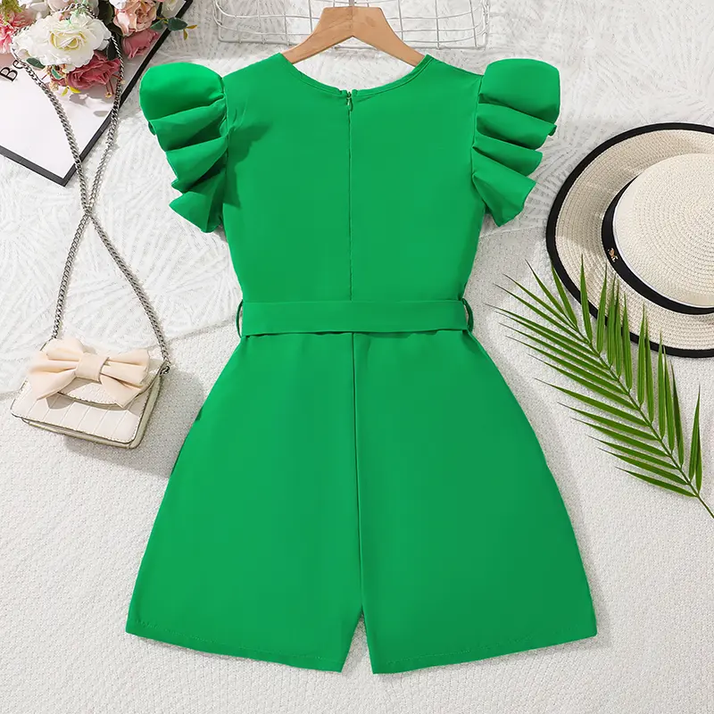 Red Jumpsuits 8-12 Years Girls Jumpsuits Solid Red Ruffled Sleeveless Elegant Modest Style Kids Short Jumpsuits Casual Clothes