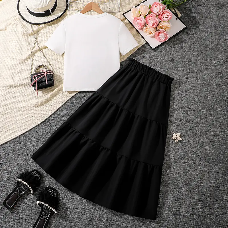Trendy Girls Sets Solid Color Sets White Bow-knot T-shirt & Black Maxi Skirt 2 Pcs Korean Style Cute Sets Girls Suits