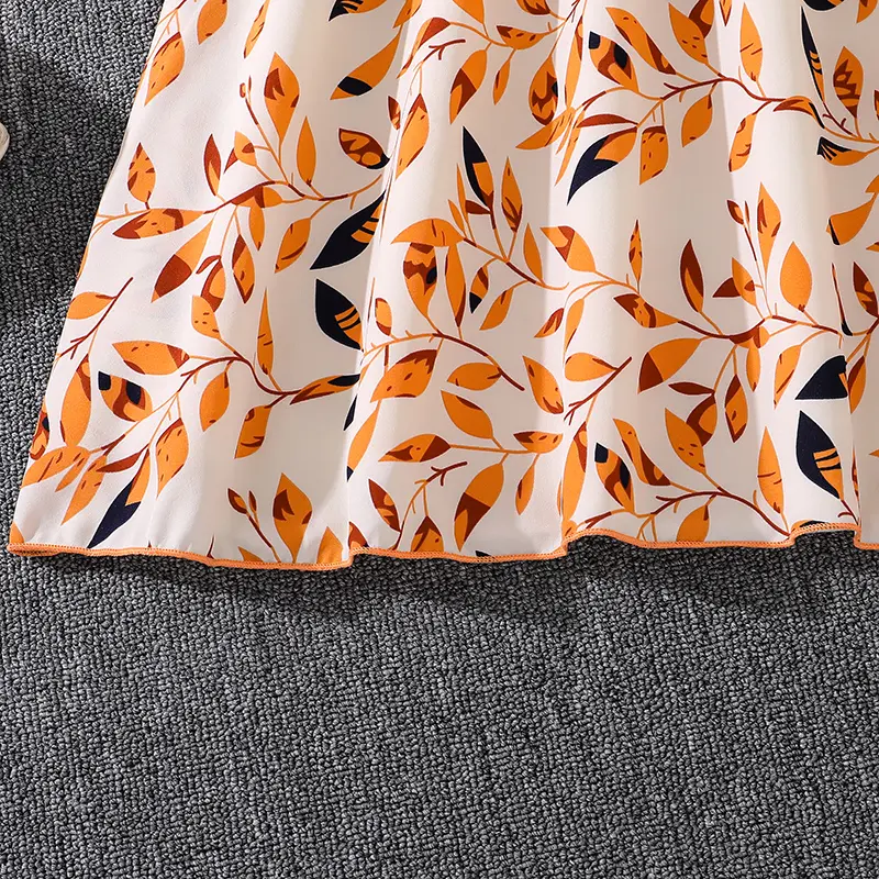 Children Casual Vacation Suits Orange Long-Sleeved Top & Printed Dress Stylish Girls Suits Vacation Holiday Clothes Kids Outfits