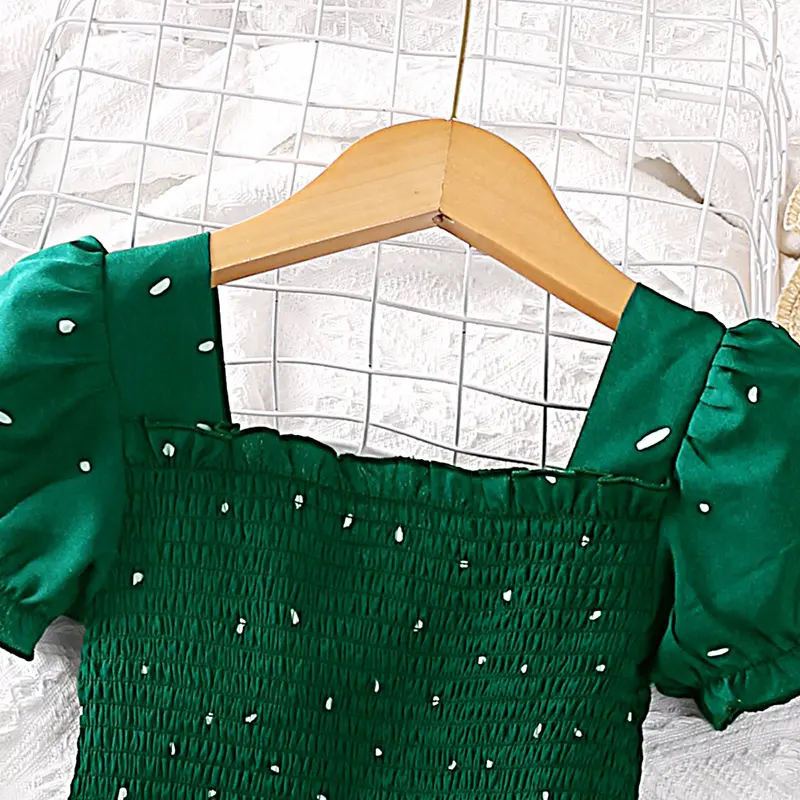 Dress Kids Girls Dark Green Cute Princess Dress 2-6 Years Short Sleeve Dress Square Collar Puff Sleeve Layered Dress