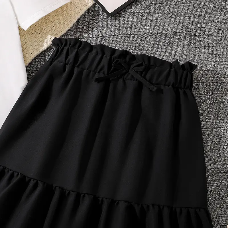 Trendy Girls Sets Solid Color Sets White Bow-knot T-shirt & Black Maxi Skirt 2 Pcs Korean Style Cute Sets Girls Suits