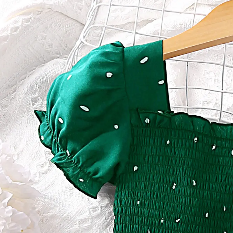 Dress Kids Girls Dark Green Cute Princess Dress 2-6 Years Short Sleeve Dress Square Collar Puff Sleeve Layered Dress