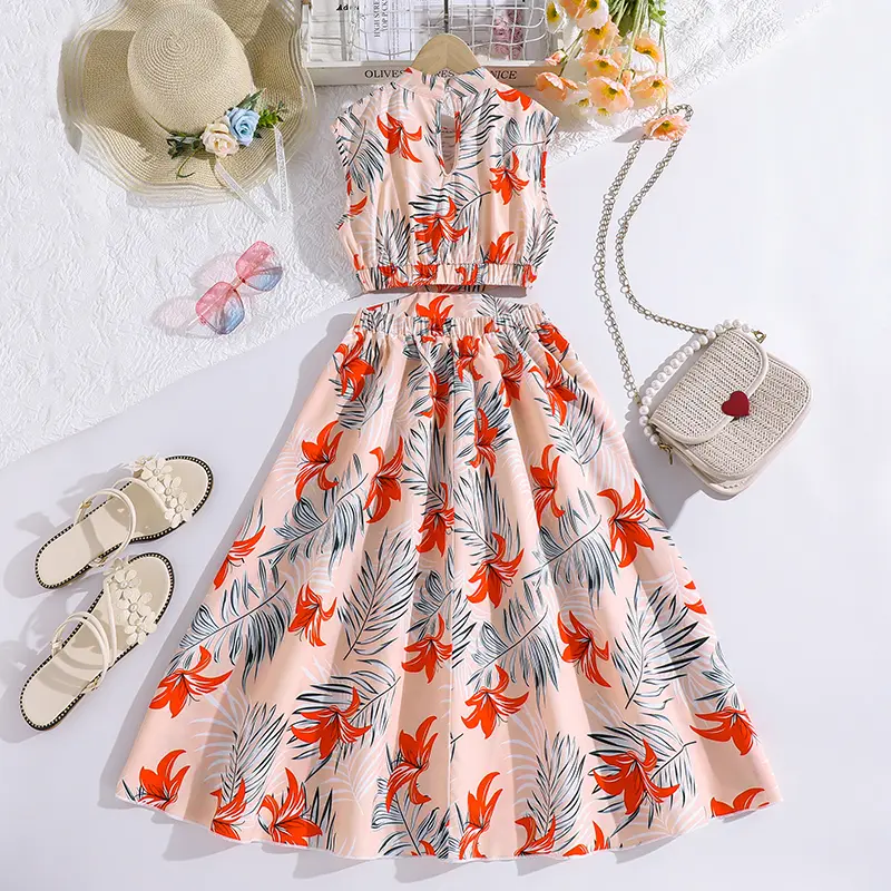 Fashion Summer Kids Dress For Girls 8-12 Years Pink Sleeveless Flower Dress Birthday Party Summer Holiday Daily Stylish Clothes