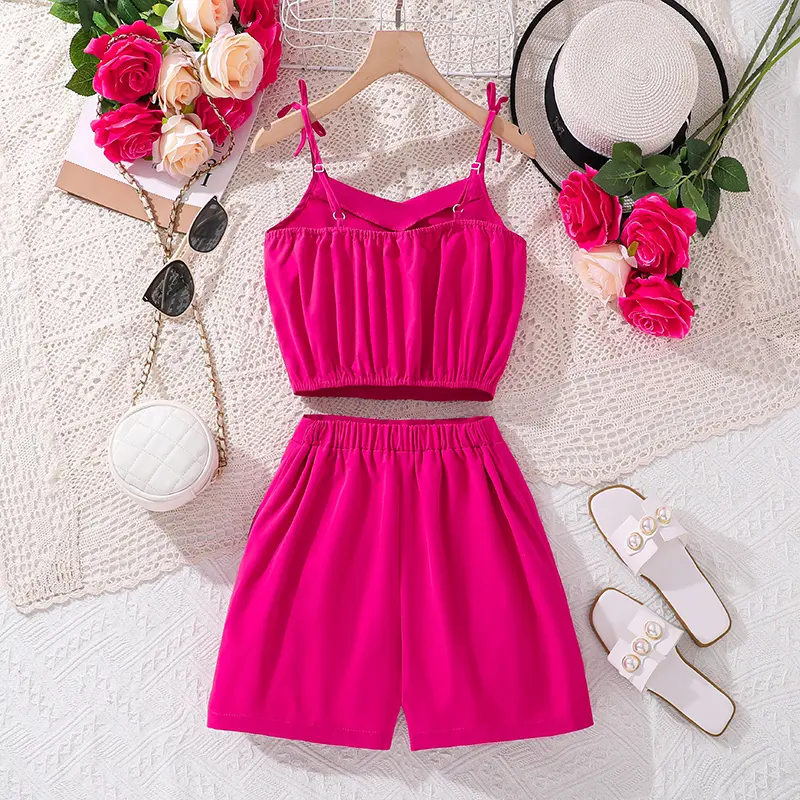 New Summer Children‘s Fashion Sets For 8-12 Years Kids Girls Sense Of Design Rose Suspenders And Shorts Vacation Daily Outfits