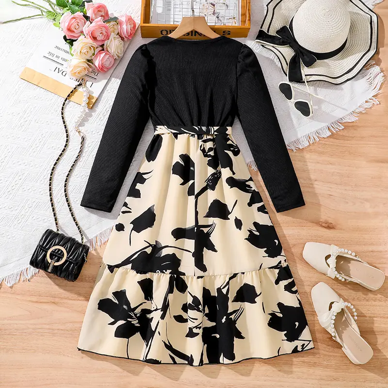 Children's Fashion Dress For Girls Black Long-Sleeved Printed Dress Elegant Style Birthday Party Dress Daily Casual Clothes