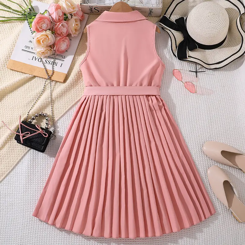 Fashion Versatile Summer Dress For Girl Pink Sleeveless Pleated Dress & Belt Sweet Elegant Resort Vacation Style Princess Dress