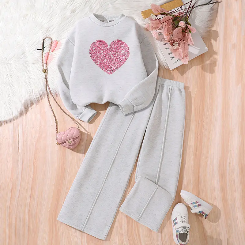 Children‘s Autumn Winter Warm Clothes Sets For Girls Solid Color Heart Print Top And Pants Daily Causal Sports Loose Lounge Wear