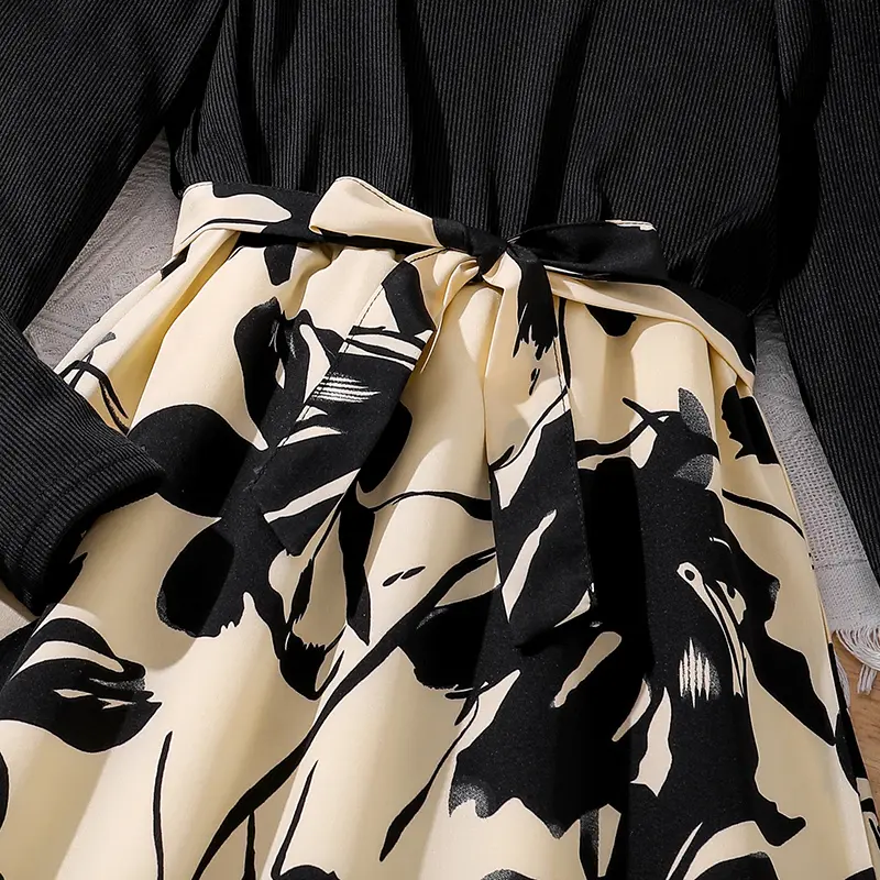 Children's Fashion Dress For Girls Black Long-Sleeved Printed Dress Elegant Style Birthday Party Dress Daily Casual Clothes