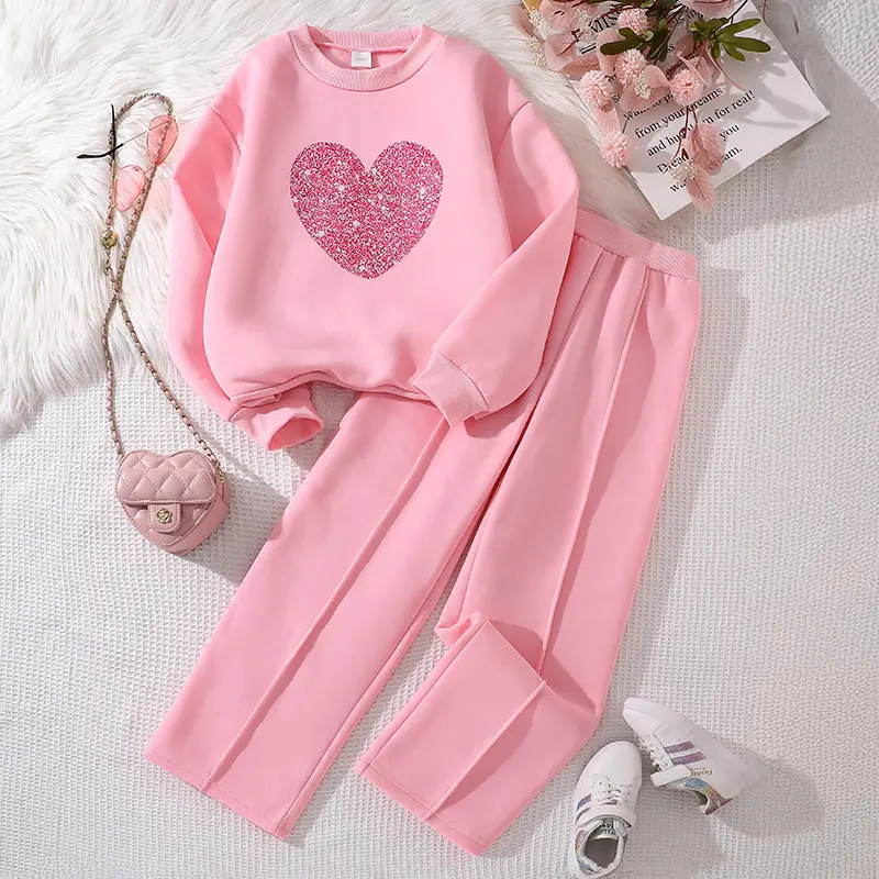 Children‘s Autumn Winter Warm Clothes Sets For Girls Solid Color Heart Print Top And Pants Daily Causal Sports Loose Lounge Wear