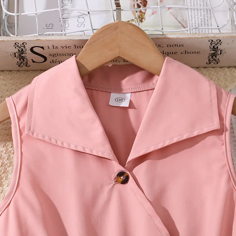 Fashion Versatile Summer Dress For Girl Pink Sleeveless Pleated Dress & Belt Sweet Elegant Resort Vacation Style Princess Dress