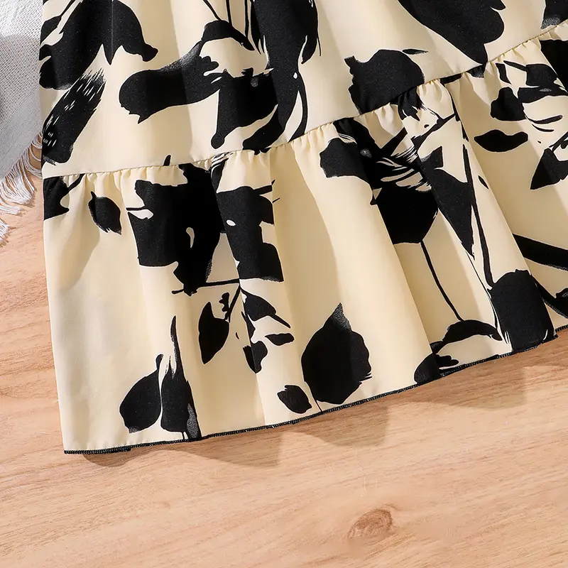 Children's Fashion Dress For Girls Black Long-Sleeved Printed Dress Elegant Style Birthday Party Dress Daily Casual Clothes