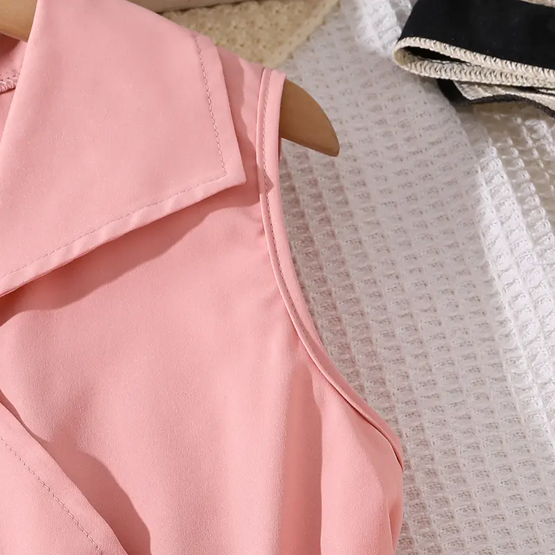Fashion Versatile Summer Dress For Girl Pink Sleeveless Pleated Dress & Belt Sweet Elegant Resort Vacation Style Princess Dress