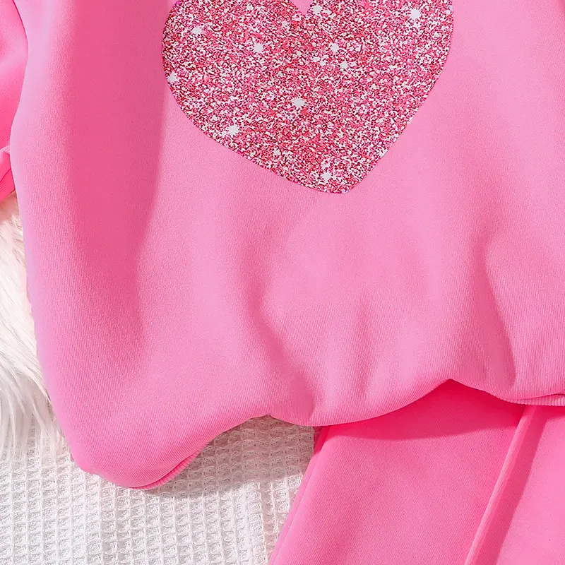 Children‘s Autumn Winter Warm Clothes Sets For Girls Solid Color Heart Print Top And Pants Daily Causal Sports Loose Lounge Wear