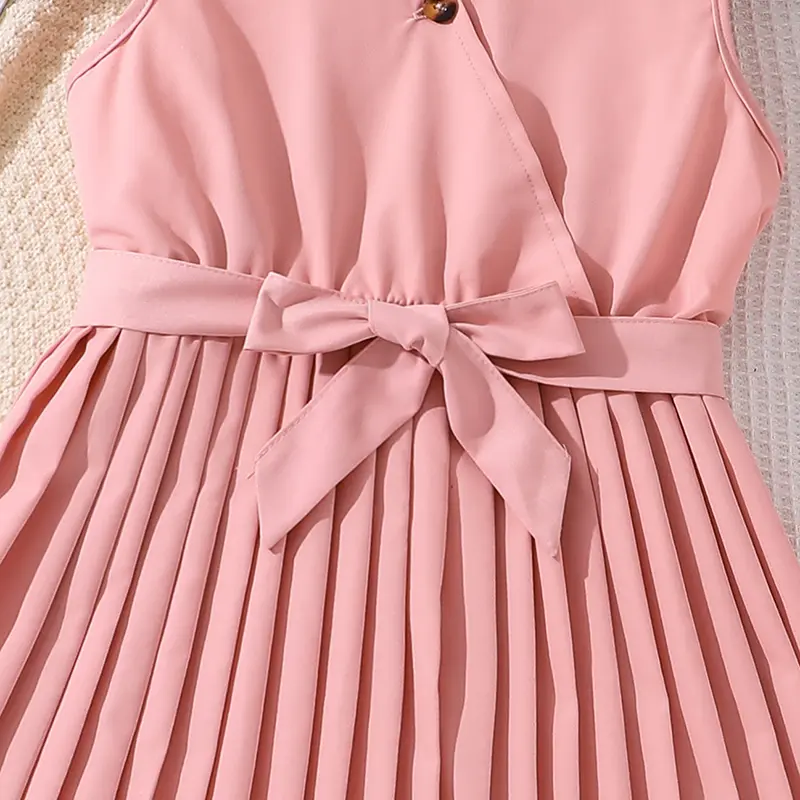 Fashion Versatile Summer Dress For Girl Pink Sleeveless Pleated Dress & Belt Sweet Elegant Resort Vacation Style Princess Dress