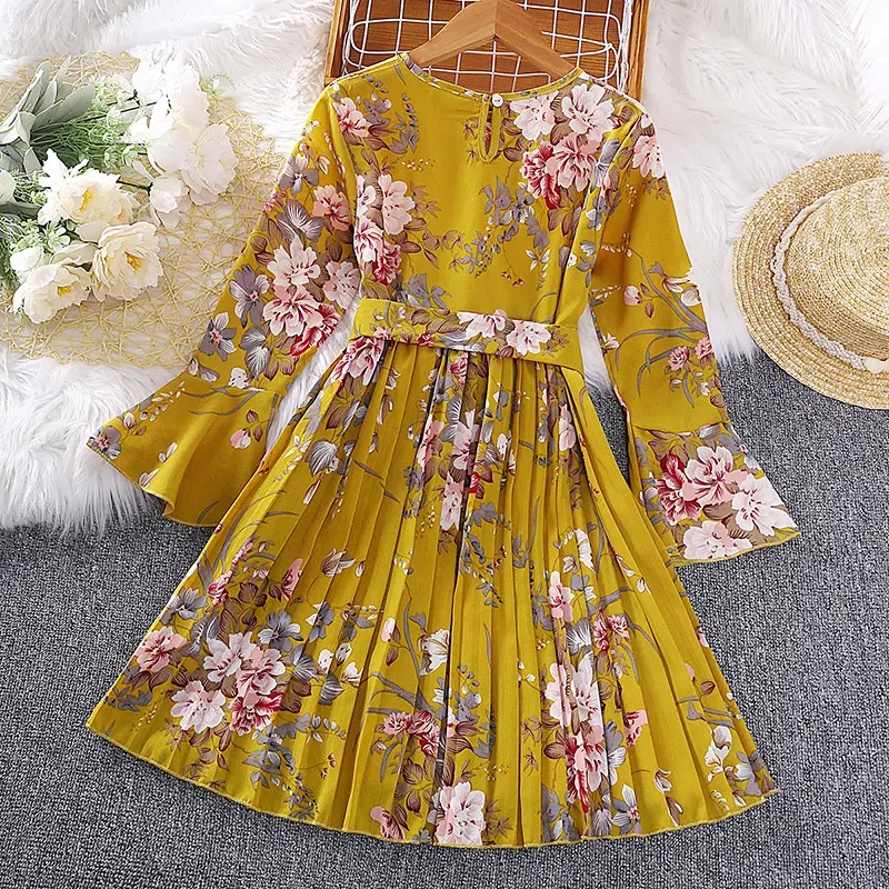 Girls' Floral Print Dress, Peter Pan Collar, Flared Long Sleeves, Pleated Knee Skirt, Elegant and Sweet, Cute, Spring, Summer
