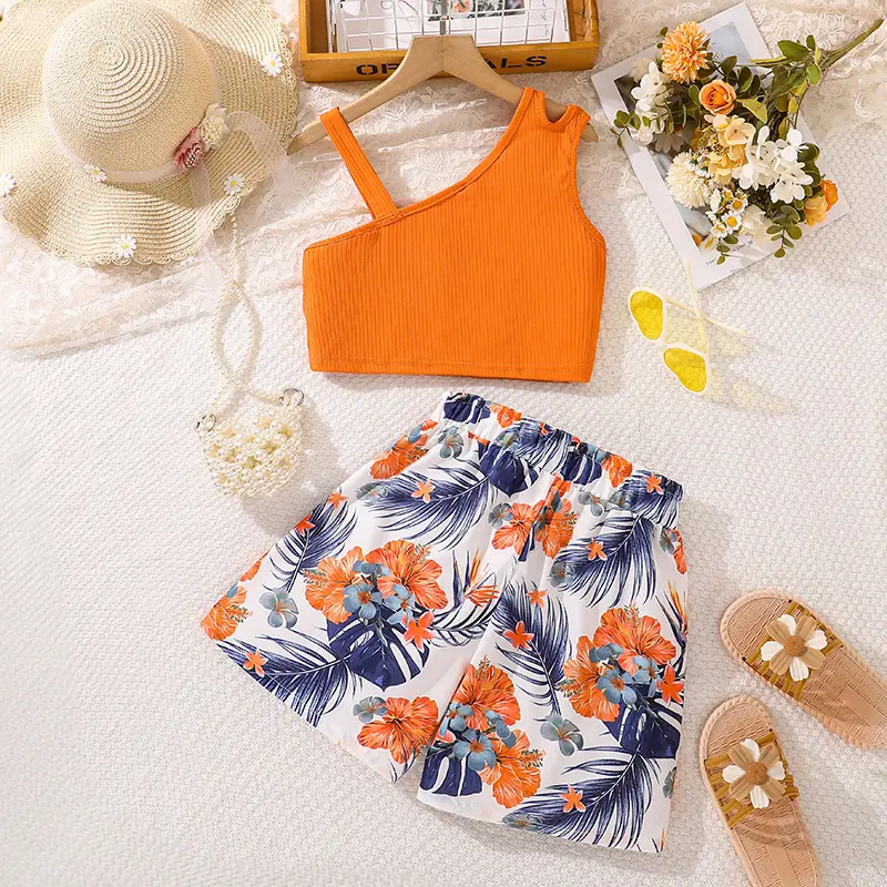 Fashion For 8-12 Years Kids Girls Clothes Sets Orange Asymmetrical Sling And Printed Short Pastoral Style Casual Vacation Suits