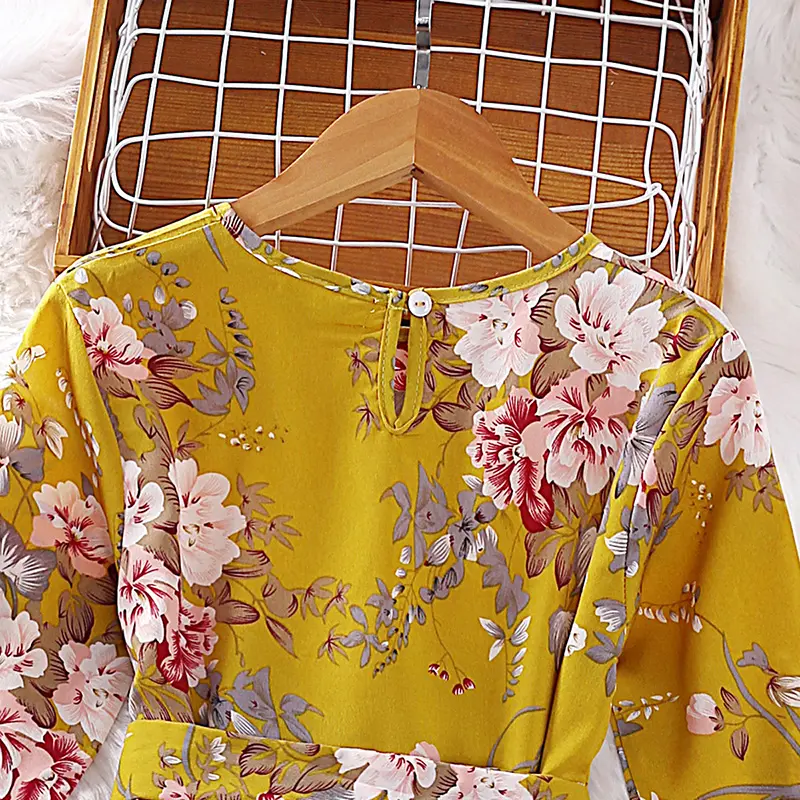 Girls' Floral Print Dress, Peter Pan Collar, Flared Long Sleeves, Pleated Knee Skirt, Elegant and Sweet, Cute, Spring, Summer