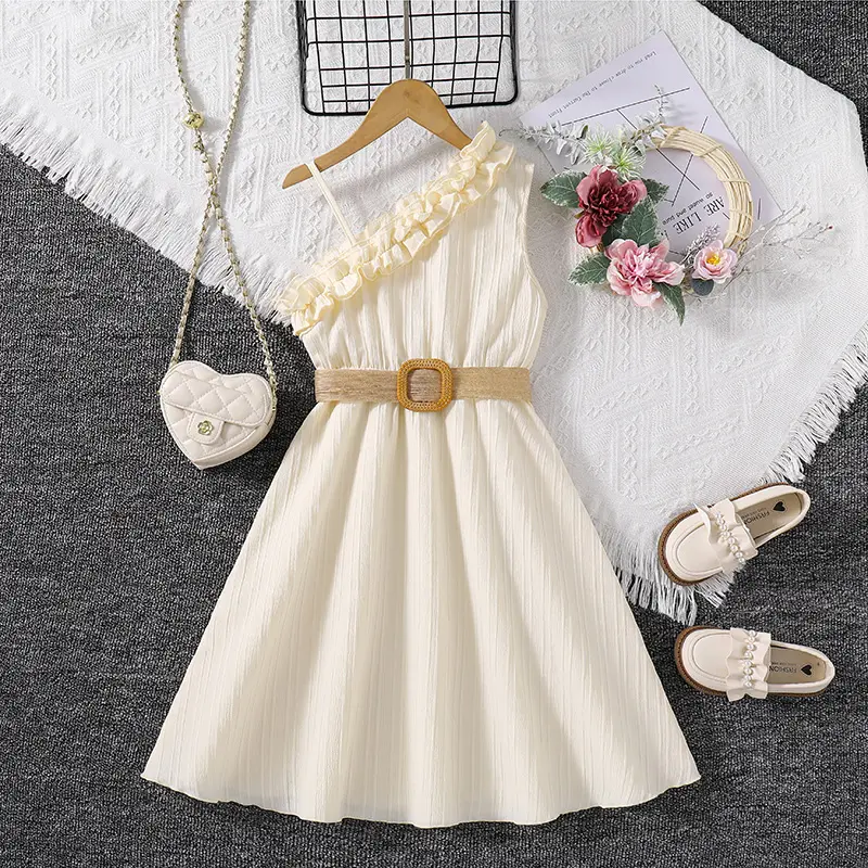 2024 New Summer Dress Pink White Sleeveless Skirt With Diagonal Lace &Belt Fashion Vacation Party Daily For 4-12Ys Kids Outfit