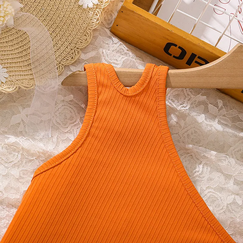 Fashion For 8-12 Years Kids Girls Clothes Sets Orange Asymmetrical Sling And Printed Short Pastoral Style Casual Vacation Suits