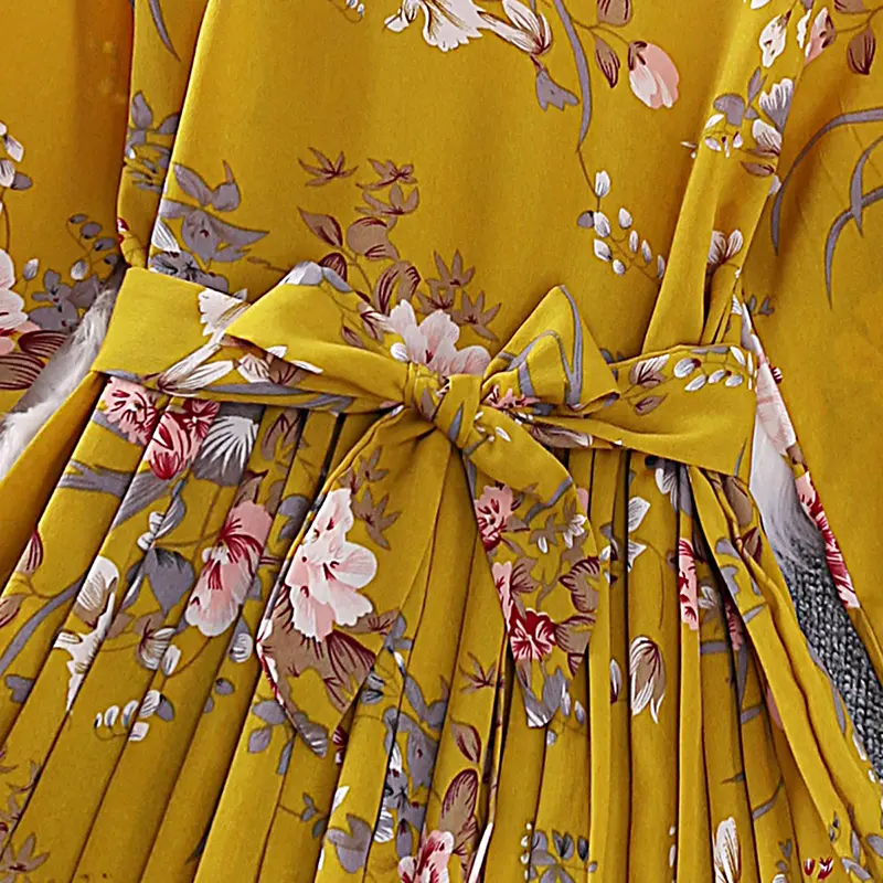 Girls' Floral Print Dress, Peter Pan Collar, Flared Long Sleeves, Pleated Knee Skirt, Elegant and Sweet, Cute, Spring, Summer