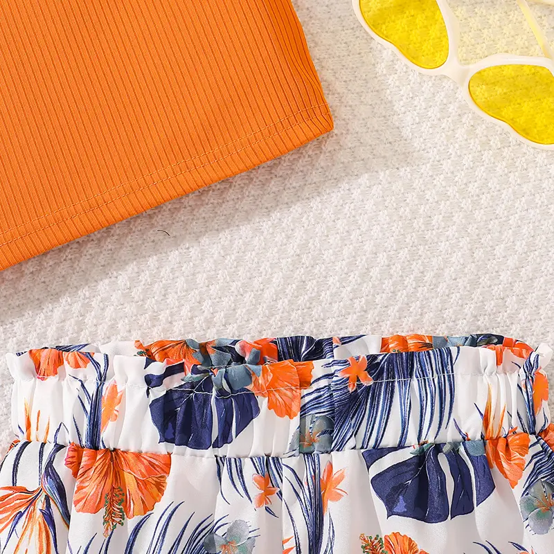 Fashion For 8-12 Years Kids Girls Clothes Sets Orange Asymmetrical Sling And Printed Short Pastoral Style Casual Vacation Suits