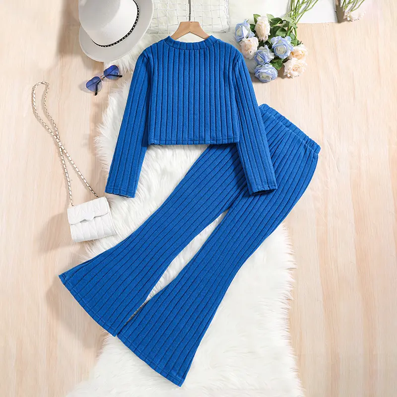 8-12 Years New Autumn Spring Suits Blue Long Sleeve Short Top & Blue Pants For Girls Casual Solid Color Casual Vacation Suits
