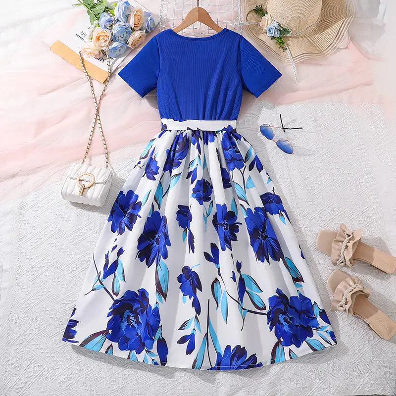 Royal Blue Patchwork Printed Short Sleeve Casual Dress 8-12 Years Tween Girls Daily Dress Vintage Elegant Style Blue Rose Dress