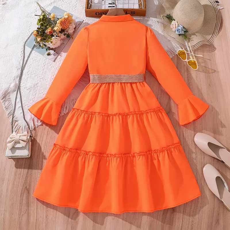 Summer Children Dress Casual Princess Dresses For 8-12 Years Kids Girls Orange Lapel Long-Sleeved Dress With Belt Cute Clothes