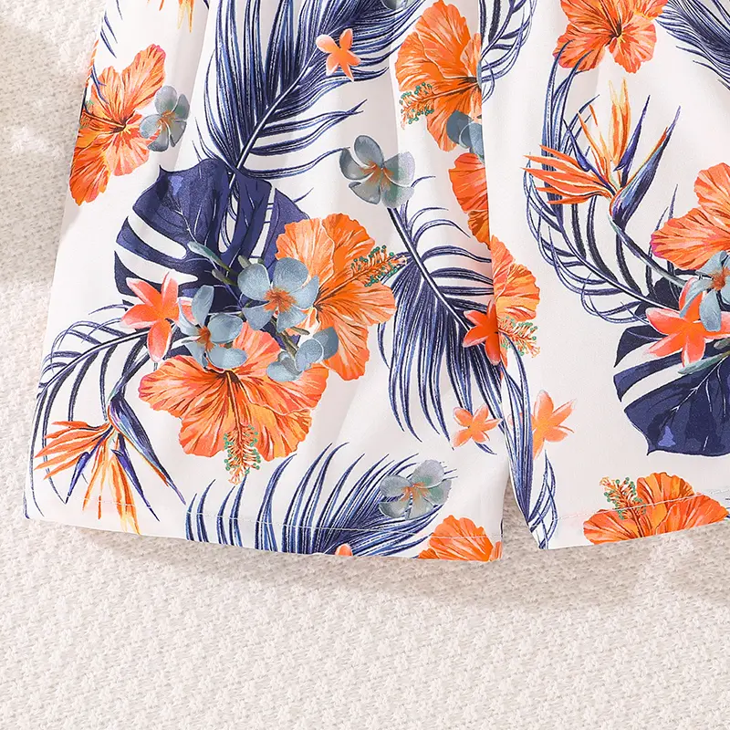Fashion For 8-12 Years Kids Girls Clothes Sets Orange Asymmetrical Sling And Printed Short Pastoral Style Casual Vacation Suits