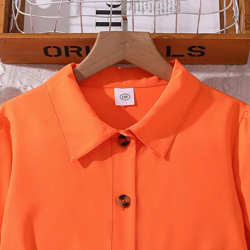 Summer Children Dress Casual Princess Dresses For 8-12 Years Kids Girls Orange Lapel Long-Sleeved Dress With Belt Cute Clothes
