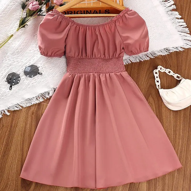 Kids Dress For Girls 8-12 Years Pink Shirred-Waist Puff-Sleeve Off-shoulder Dress Vacation Festival Birthday Party Gown