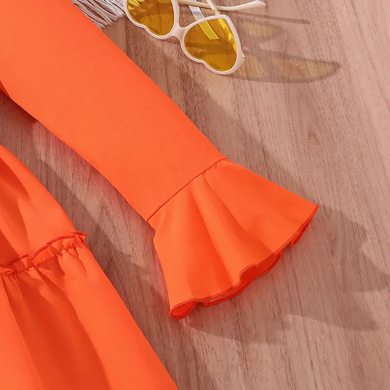 Summer Children Dress Casual Princess Dresses For 8-12 Years Kids Girls Orange Lapel Long-Sleeved Dress With Belt Cute Clothes