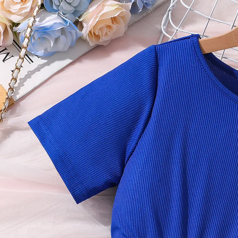 Royal Blue Patchwork Printed Short Sleeve Casual Dress 8-12 Years Tween Girls Daily Dress Vintage Elegant Style Blue Rose Dress